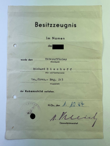 Besitzzeugnis Kubanschild - Militaria-Berlin