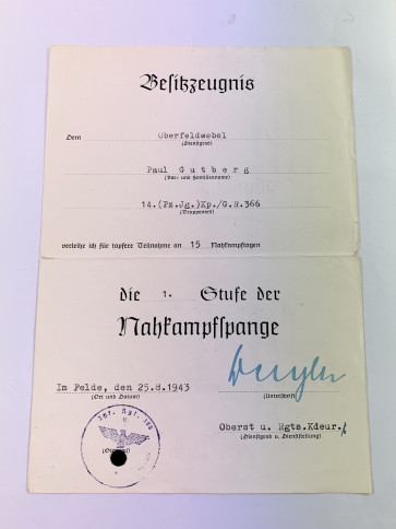 Besitzzeugnis Nahkampfspange in Bronze (1. Stufe) - Militaria-Berlin