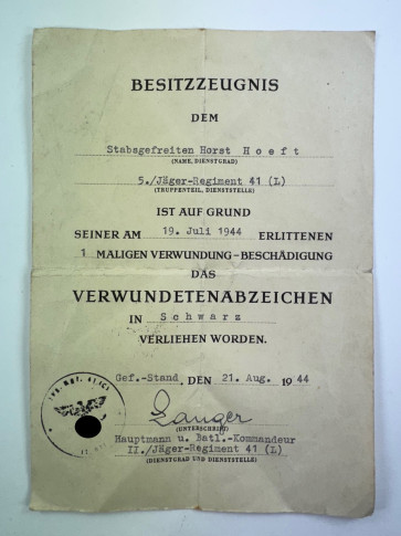 Besitzzeugnis Verwundetenabzeichen in Schwarz, Luftwaffen Felddivision, Jäger-Regiment 41 (L) - Militaria-Berlin