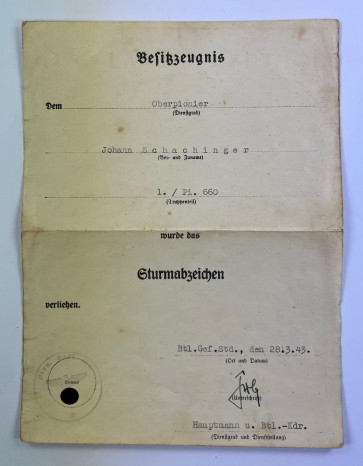 Besitzzeugnis Sturmabzeichen (allgemein), Pionier - Militaria-Berlin