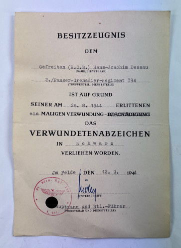 Besitzzeugnis Verwundetenabzeichen in Schwarz 1939 - Militaria-Berlin