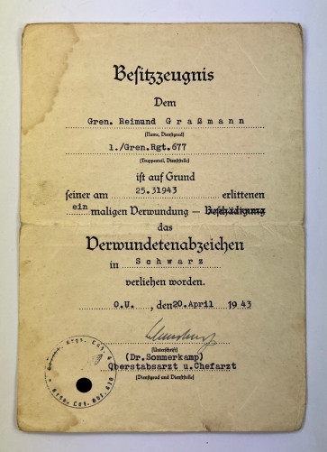 Besitzzeugnis Verwundetenabzeichen in Schwarz 1939 - Militaria-Berlin
