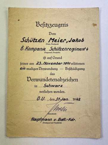 Besitzzeugnis Verwundetenabzeichen Schwarz, Schützenregiment 4 - Militaria-Berlin