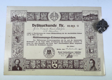 Bund Heimattreuer Schlesier, Abstimmungs-Erinnerungsabzeichen 20. März 1921 + Urkunde - Militaria-Berlin
