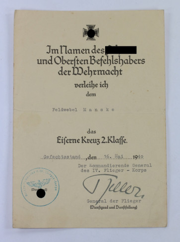 Urkunde Eisernes Kreuz 2. Klasse 1939, Mai 1940, Niederlande - Militaria-Berlin
