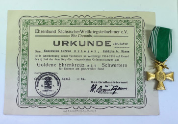 Ehrenkreuz des Ehrenbundes Sächsischen Weltkriegsteilnehmer ´+ Urkunde - Militaria-Berlin