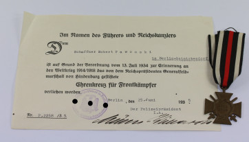 Ehrenkreuz für Frontkämpfer, mit Urkunde - Militaria-Berlin