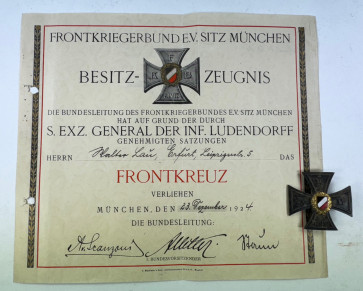 Frontkreuz des Deutschen Frontkriegerbundes + Urkunde - Militaria-Berlin