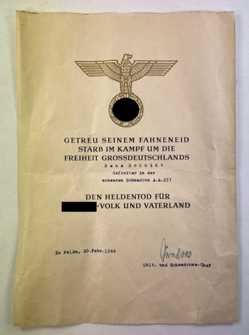 Heldentod Urkunde für Führer Volk und Vaterland, Aufklärungsabteilung 257 - Militaria-Berlin