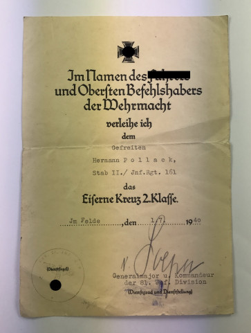 Urkunde Eisernes Kreuz 2. Klasse, Infanterist - Militaria-Berlin