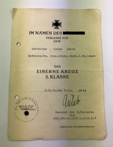 Verleihungsurkunde Eisernes Kreuz 2. Klasse 1939, Bandenkampf (!) - Militaria-Berlin