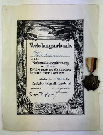Kolonialauszeichnung in Bronze (Löwenorden) + Verleihungsurkunde - Militaria-Berlin