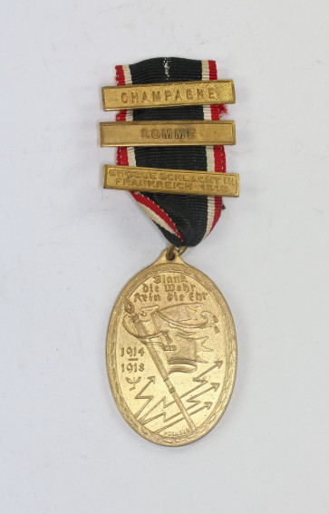 Kriegsdenkmünze - Kyffhäuser Medaille - Blank die Wehr-rein die Ehr 1914-1918, mit 3 Gefechtsspangen (Champagne, Somme, Große Schlacht in Frankreich 1918 - Militaria-Berlin