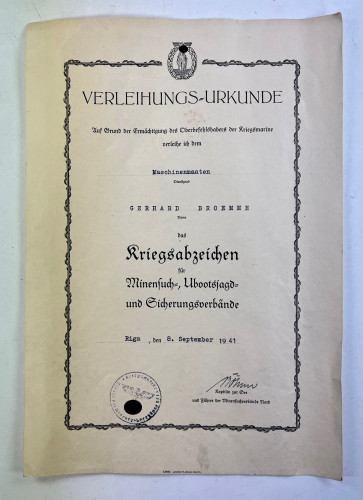Kriegsmarine, Verleihungs-Urkunde Minensucherabzeichen - Militaria-Berlin