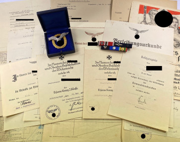 Nachlas Flugzeugführer- und Beobachterabzeichen (Doppelabzeichen), Friedrich Linden (FLL) 1. Modell (!), im Etui, mit Urkunden - Militaria-Berlin