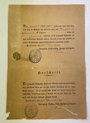 Nassau, Urkunde Waterloo Medaille  - Militaria-Berlin