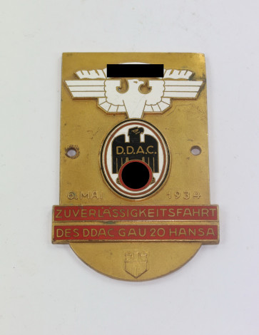 NSKK / DDAC Plakette, Zuverlässigkeitsfahrt des DDAC Gau 20 Hansa 6. Mai 1934, Hst. M. Fleck & Sohn Hamburg 3 - Militaria-Berlin