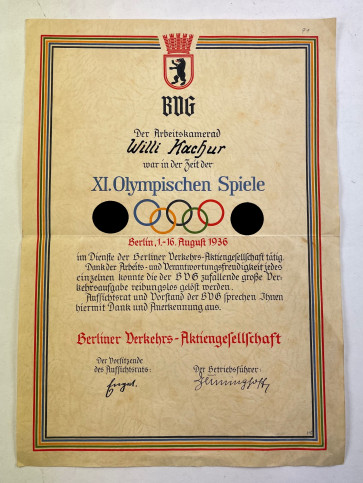 Olympiade 1936 Berlin, Ehrenurkunde der Berliner Verkehrsaktiengesellschaft (BVG) - Militaria-Berlin