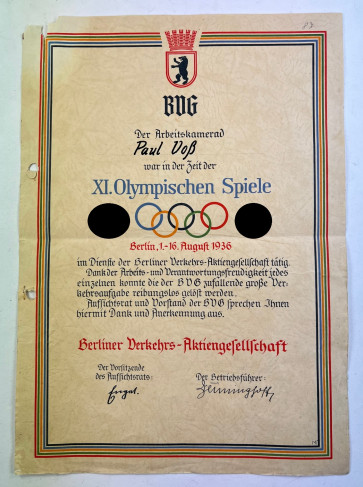 Olympiade 1936 Berlin, Ehrenurkunde der Berliner Verkehrsaktiengesellschaft (BVG) - Militaria-Berlin