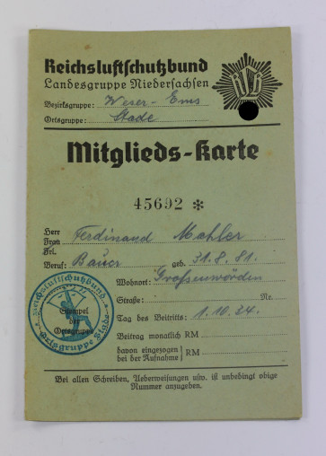 Reichsluftschutzbund (RLB), Mitglieds-Karte - Militaria-Berlin