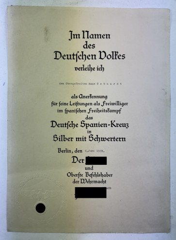 Verleihungsurkunde Spanienkreuz in Silber mit Schwertern - Militaria-Berlin