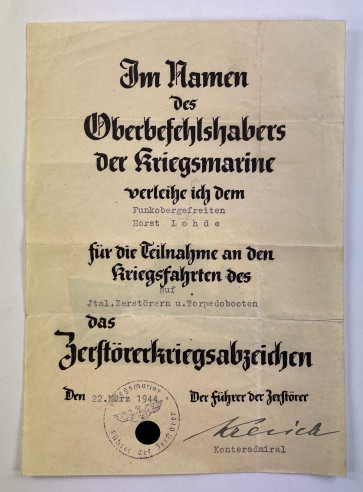 Schmuckurkunde Zerstörerkriegsabzeichen, italenischen Zerstörern (!) - Militaria-Berlin