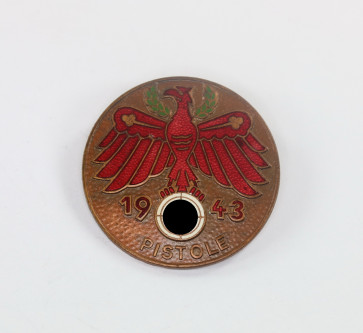 Tiroler Standschützen Abzeichen, Pistole 1943 in Bronze, Hst. O.Poellath Schrobenhausen - Militaria-Berlin