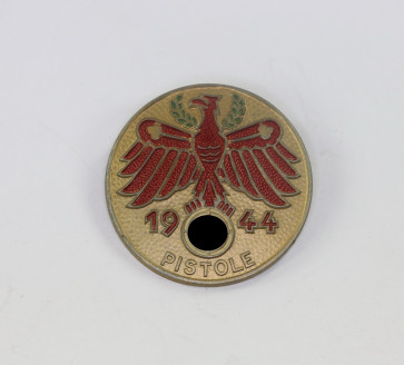 Tiroler Standschützen Abzeichen, Pistole 1944 in Gold, Hst. O.Poellath Schrobenhausen - Militaria-Berlin