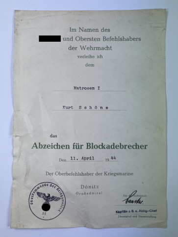 Urkunde Abzeichen für Blockadebrecher (1944) - Militaria-Berlin