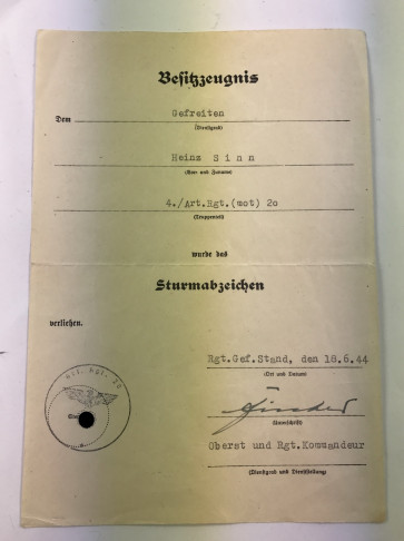 Besitzzeugnis Sturmabzeichen (Allgemein) - Militaria-Berlin