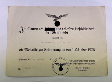 Urkunde Anschlußmedaille Sudetenland (Medaille zur Erinnerung an den 1. Oktober 1938) - Militaria-Berlin