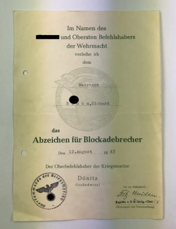 Urkunde Blockadebrecherabzeichen  - Militaria-Berlin
