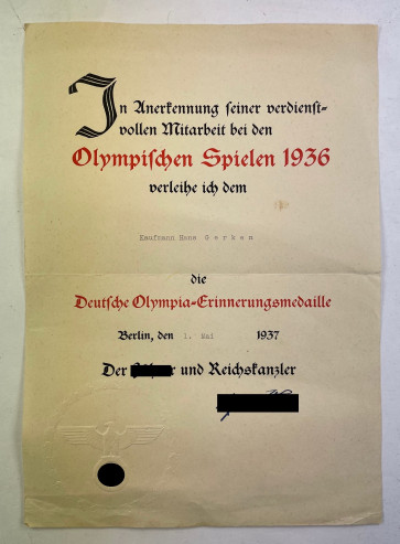  Urkunde Deutsche Olympia-Erinnerungsmedaille - In Anerkennung seiner verdienstvollen Mitarbeit bei den Olympischen Spielen 1936 - Militaria-Berlin