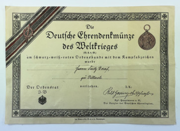 Urkunde Die Deutsche Ehrendenkmünze des Weltkriegs - Militaria-Berlin