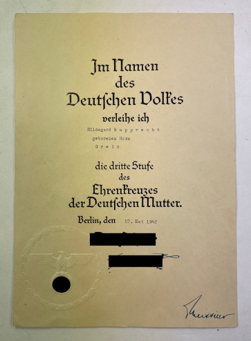 Urkunde, Ehrenkreuz der Deutschen Mutter dritte Stufe (Bronze) - Militaria-Berlin