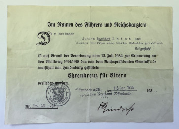 Urkunde Ehrenkreuz für Eltern - Militaria-Berlin