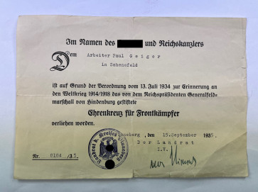 Urkunde Ehrenkreuz für Frontkämpfer - Militaria-Berlin