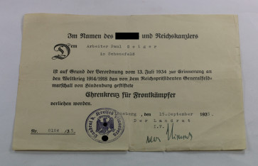 Urkunde Ehrenkreuz für Frontkämpfer - Militaria-Berlin