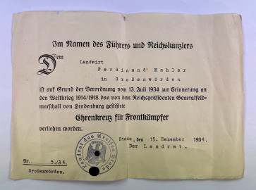 Urkunde, Ehrenkreuz für Frontkämpfer - Militaria-Berlin