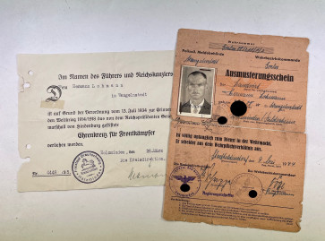 Urkunde Ehrenkreuz für Frontkämpfer + Ausmusterungsschein aus der Wehrmacht - Militaria-Berlin