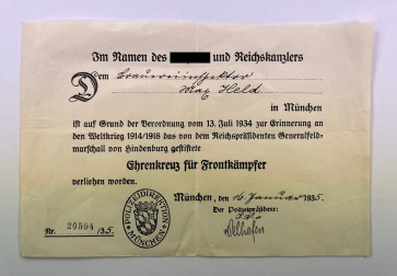 Urkunde Ehrenkreuz für Frontkämpfer (Hindenburg Kreuz) - Militaria-Berlin