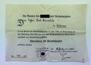  Urkunde, Ehrenkreuz für Frontkämpfer (Hindenburgkreuz) - Militaria-Berlin
