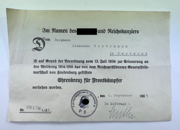 Urkunde Ehrenkreuz für Frontkämpfer (Hindenburgkreuz) - Militaria-Berlin