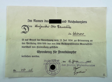 Urkunde, Ehrenkreuz für Frontkämpfer (Hindenburgkreuz) - Militaria-Berlin