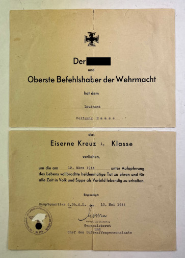 Urkunde Eisernes Kreuz 1. Klasse 1939, posthume Verleihung unter Aufopferung des Lebens vollbrachte heldenmütige Tat - Militaria-Berlin