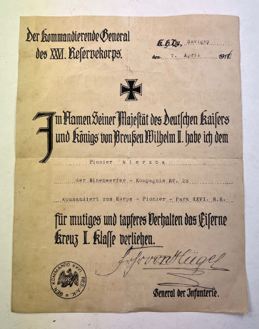 Urkunde Eisernes Kreuz 2. Klasse 1914, Minenwerfer - Militaria-Berlin