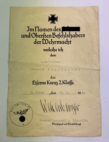 Urkunde Eisernes Kreuz 2. Klasse 1939 - Militaria-Berlin