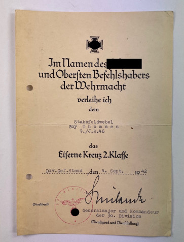 Urkunde Eisernes Kreuz 2. klasse 1939 - Militaria-Berlin