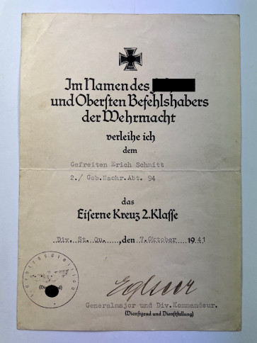 Urkunde Eisernes Kreuz 2. Klasse 1939, Gebirgs Nachrichten Abteilung 94 - Militaria-Berlin