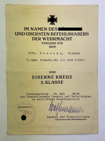 Urkunde Eisernes Kreuz 2. Klasse 1939, Gemischte Flakabteilung Luftwaffe und RAD - Militaria-Berlin